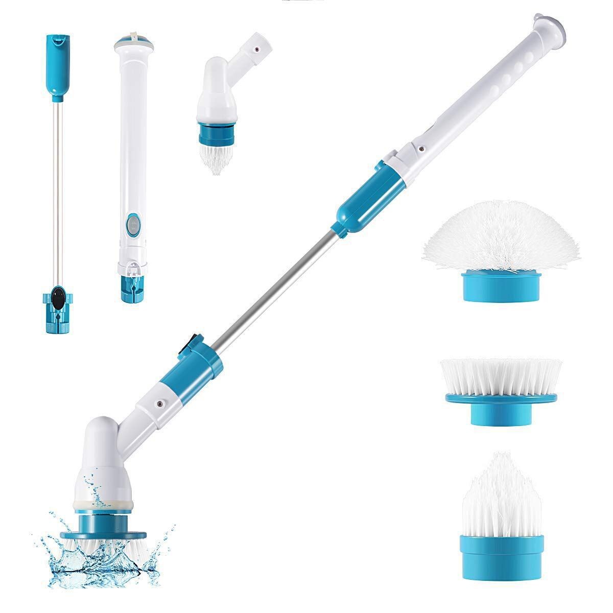 Handheld electric cleaning brush, long-handled, rotating, rechargeable, bathroom/toilet floor tile grout scrubbing brush with stiff bristles.