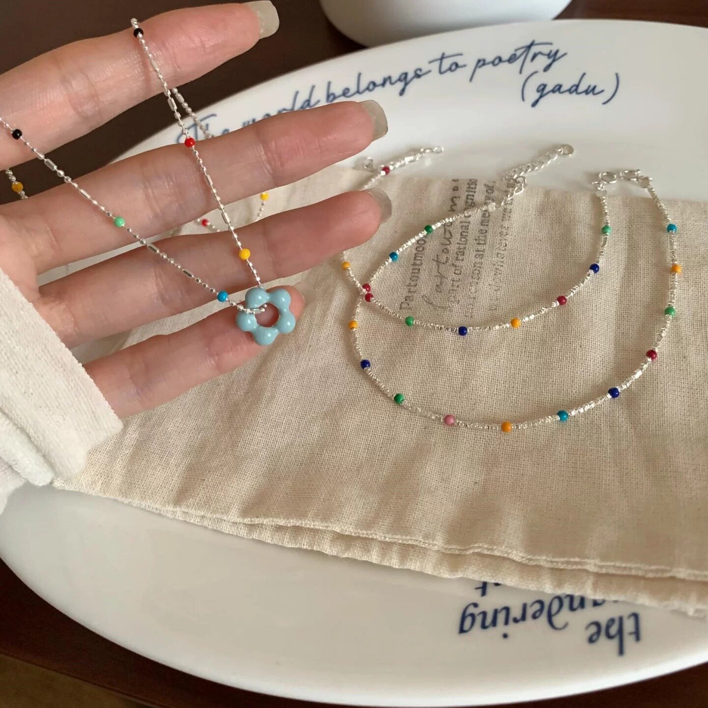 【Rainbow Flower】Blue Enameled Flower Necklace, Unique Design, Summer Clavicle Chain Accessory, Summer Dopamine