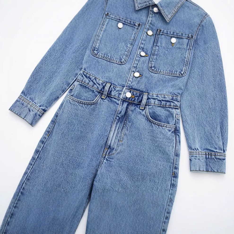 2025 New Spring and Autumn European and American women's suit with collar pocket decoration, waist-cinching straight leg denim jumpsuit long pants