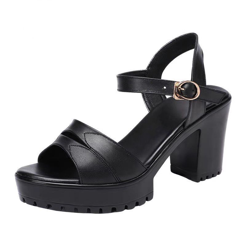 Women's Soft Leather High-Heeled Sandals, 2025 Summer New Style, Mid-Heel, Chunky Heel, One-Strap Strap, Peep Toe, Fashionable Women's Shoes