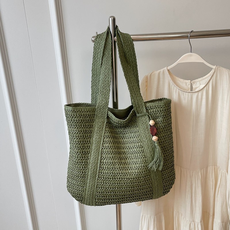 Cross-border large capacity beach bag, versatile woven bag, shoulder bag, new style straw bag, beach vacation tote bag, solid color