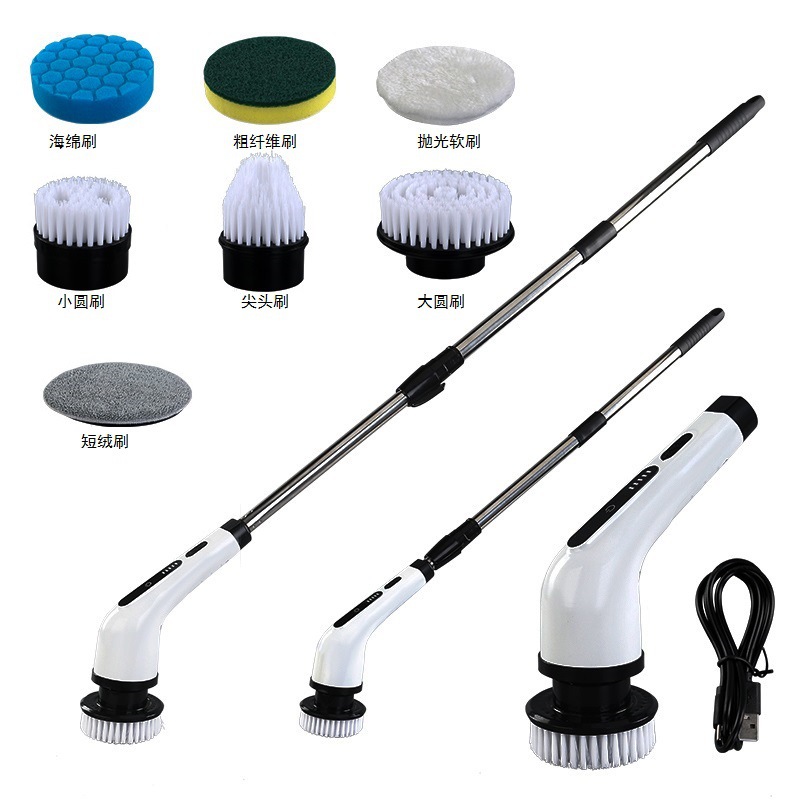Electric telescopic cleaning brush, long handle, automatic rotating curved head, bathroom floor brush, pot brush