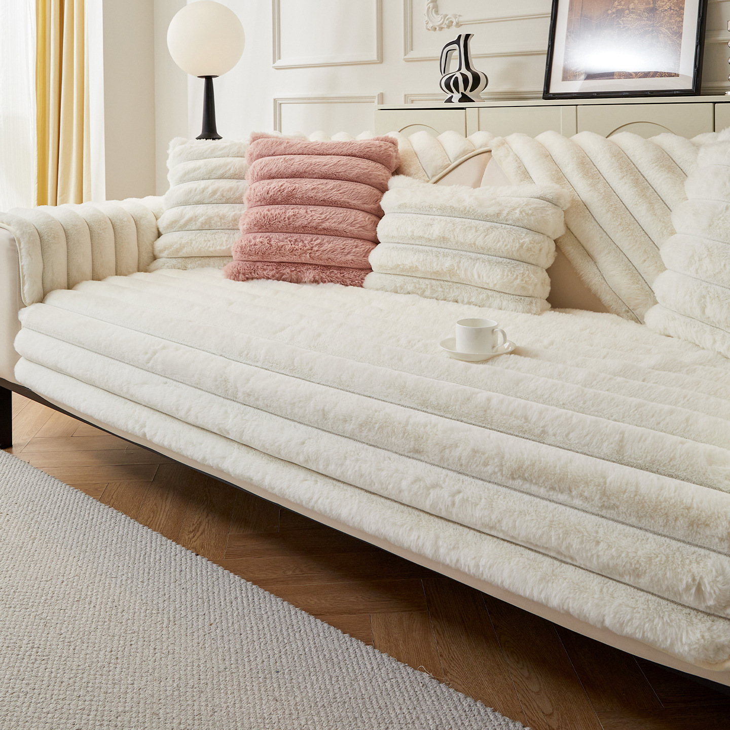 High-end striped rabbit plush sofa cushions, new winter style 2026, non-slip seat cushions, solid wood veneer cover, cross-border wholesale.