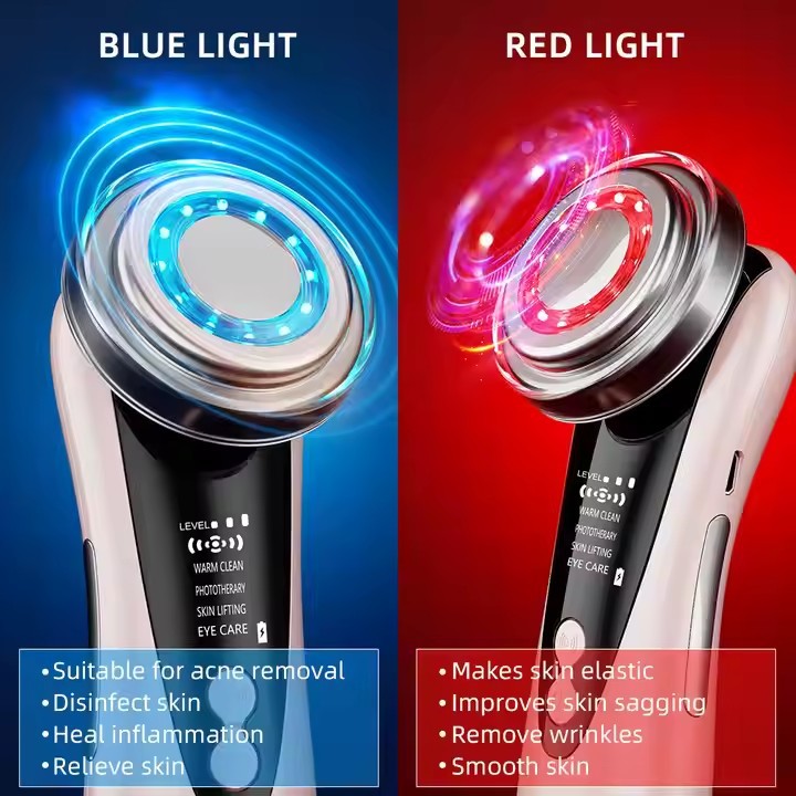 Cross-border beauty equipment: Multi-functional red and blue color light beauty introduction device, facial cleansing beauty device, massage and eye care device