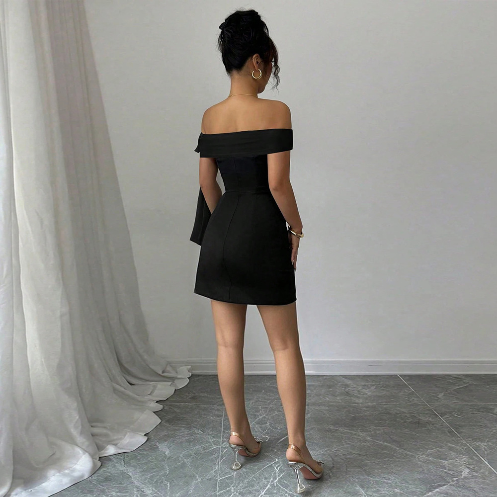 Amazon independent store: Elegant and sophisticated off-the-shoulder black A-line mini dress with ribbon detailing.