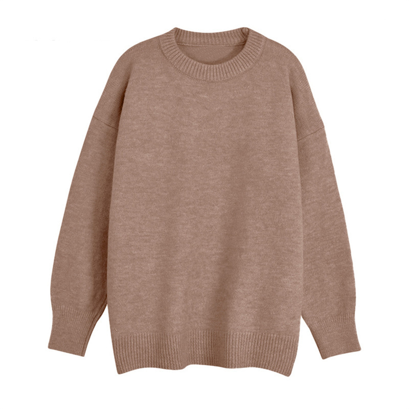 A retro solid-color Hong Kong-style round-neck pullover sweater for women's autumn and winter, a loose Korean-style Hong Kong-style knitted top for outerwear