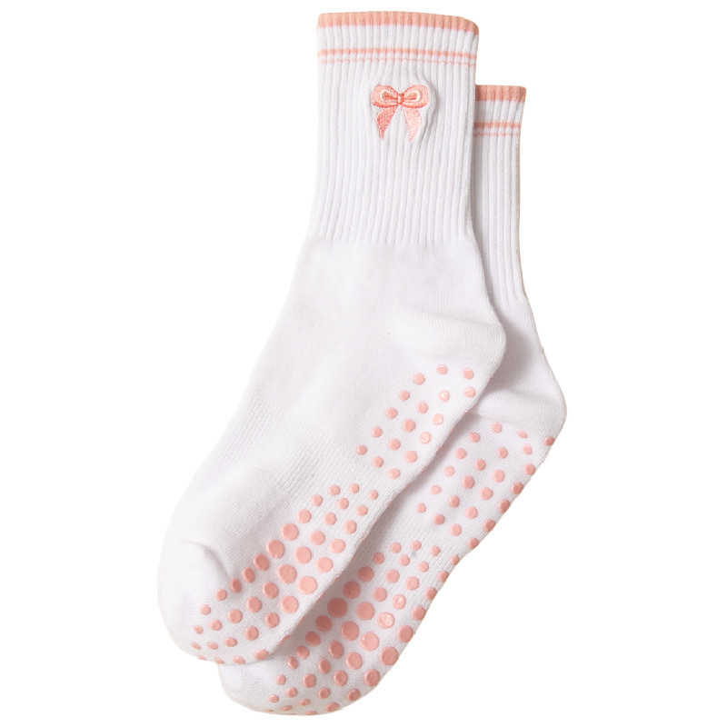 Women's mid-calf athletic yoga socks, embroidered pink bow, silicone professional non-slip training Pilates socks
