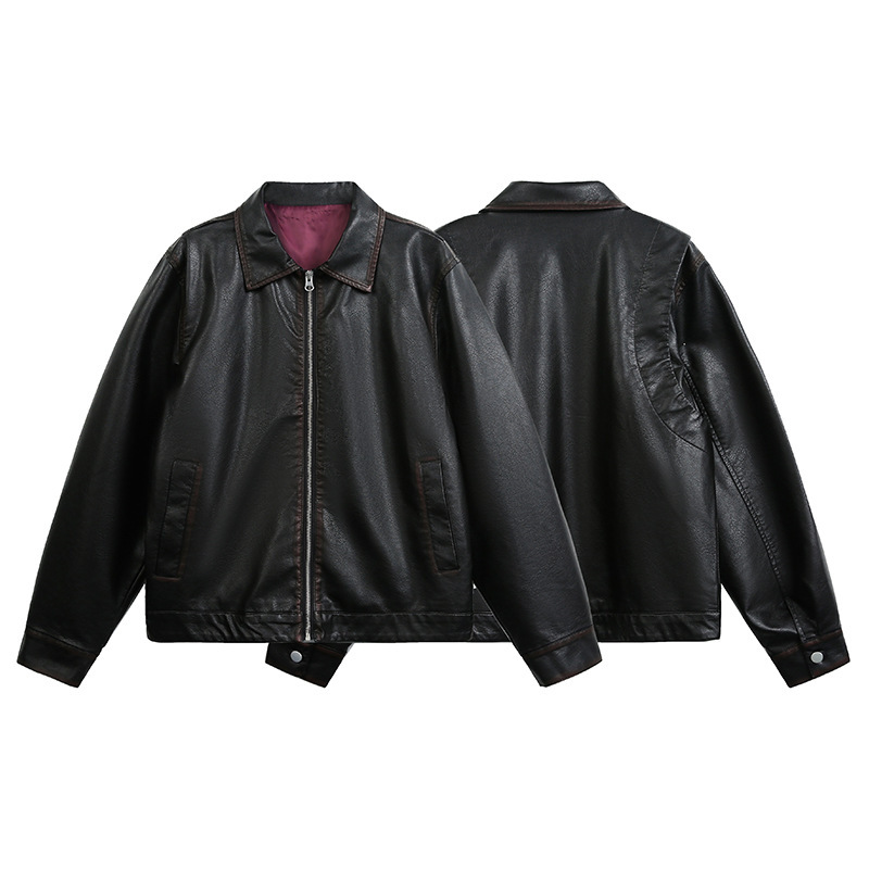 Ru Meng's new Japanese retro streetwear brand PU leather jacket for men's autumn loose lapel versatile couple motorcycle jacket