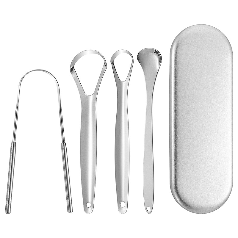 Factory stainless steel tongue scraper set, adult manual U-shaped tongue scraper, three-piece oral cleaning tool set