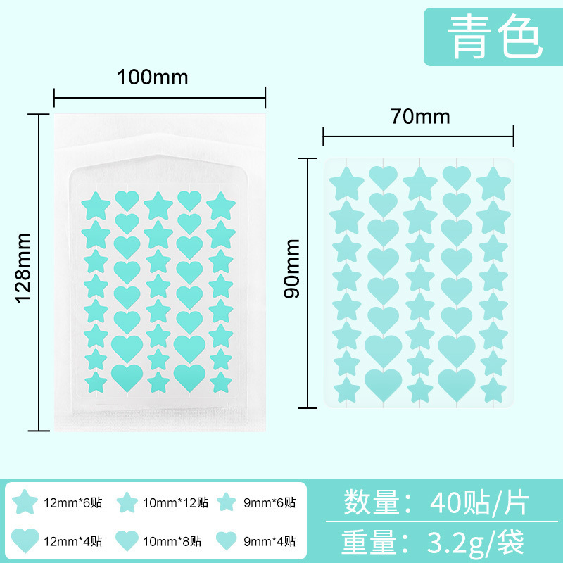 Heart-shaped acne patches, colored, soothing, acne-clearing, concealing, hydrocolloid, improves acne-prone skin, popular online for acne removal and makeup application.