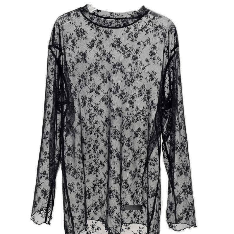 French gentle style white lace jacquard long-sleeved round-neck base layer. Women can layer a fashionable lace smock with free shipping