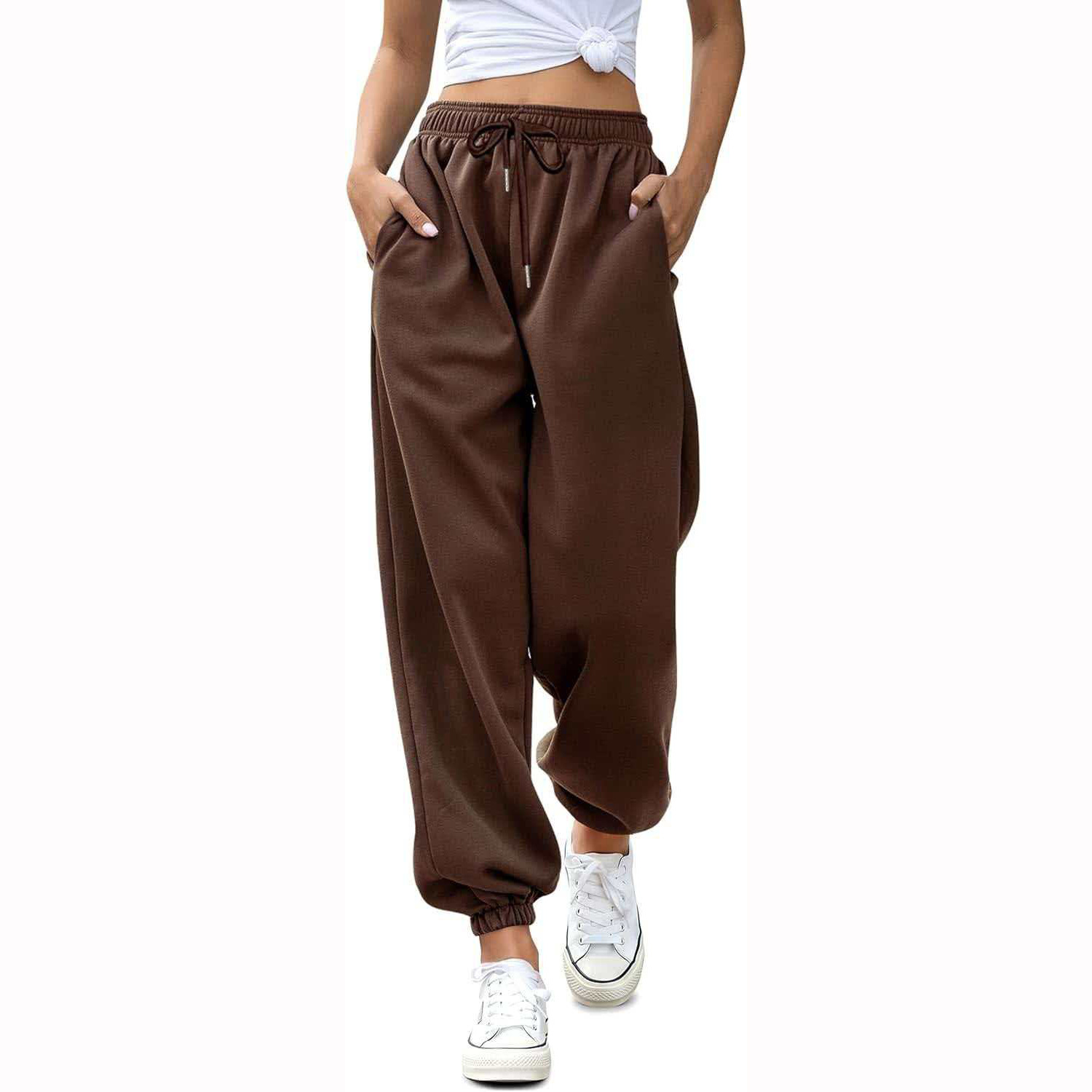 2026 Amazon New Style Solid Color Drawstring Loose Lantern Pants Casual Jogger Pants Fleece Lined Long Pants for Women