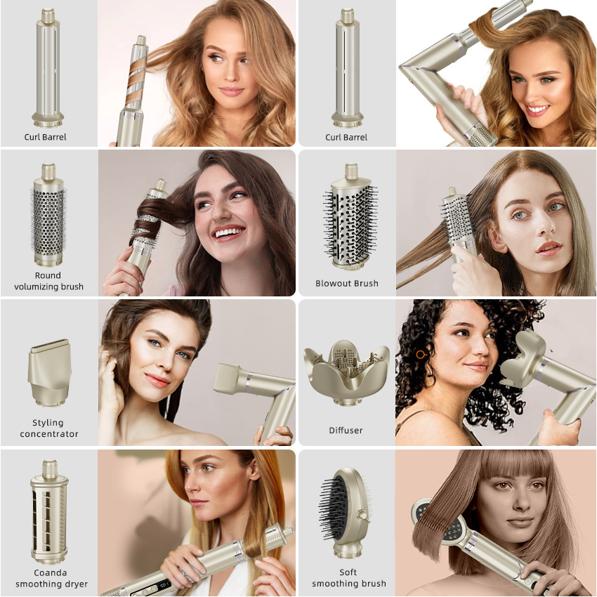 Foldable high-speed hair dryer, styler, multi-functional hot air comb, curling iron, and straightener