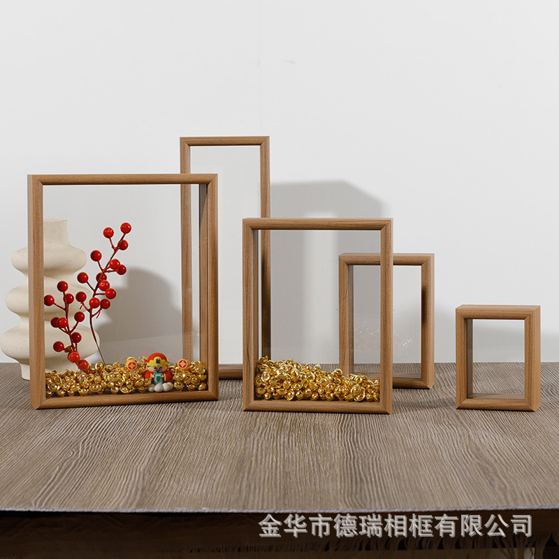 Wholesale hollow three-dimensional photo frames, double-sided transparent specimen display stands, 6-10 inch wooden textured frames from the source manufacturer.