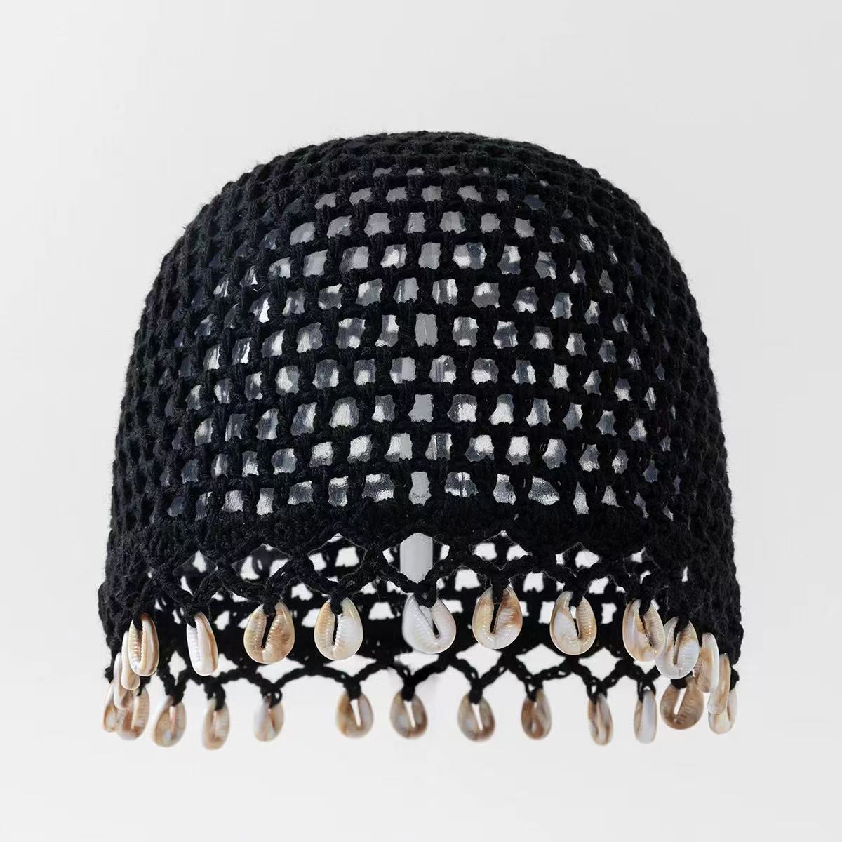 New cross-border trendy spring and autumn thin women's hat with hollowed-out handmade crocheted shell pendant cotton thread head covering and woolen hat