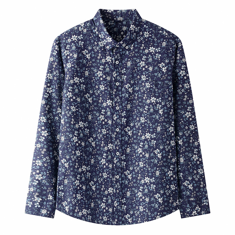 Spring 2025 new printed cardigan shirt, all-cotton Oxford fabric long-sleeved lapel casual and trendy youth shirt for men