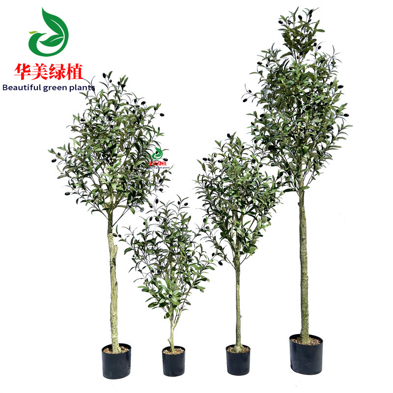 Simulated olive leaf artificial tree, olive tree bonsai, single olive branch with fruit, green leaves and flower branches, potted plant simulation