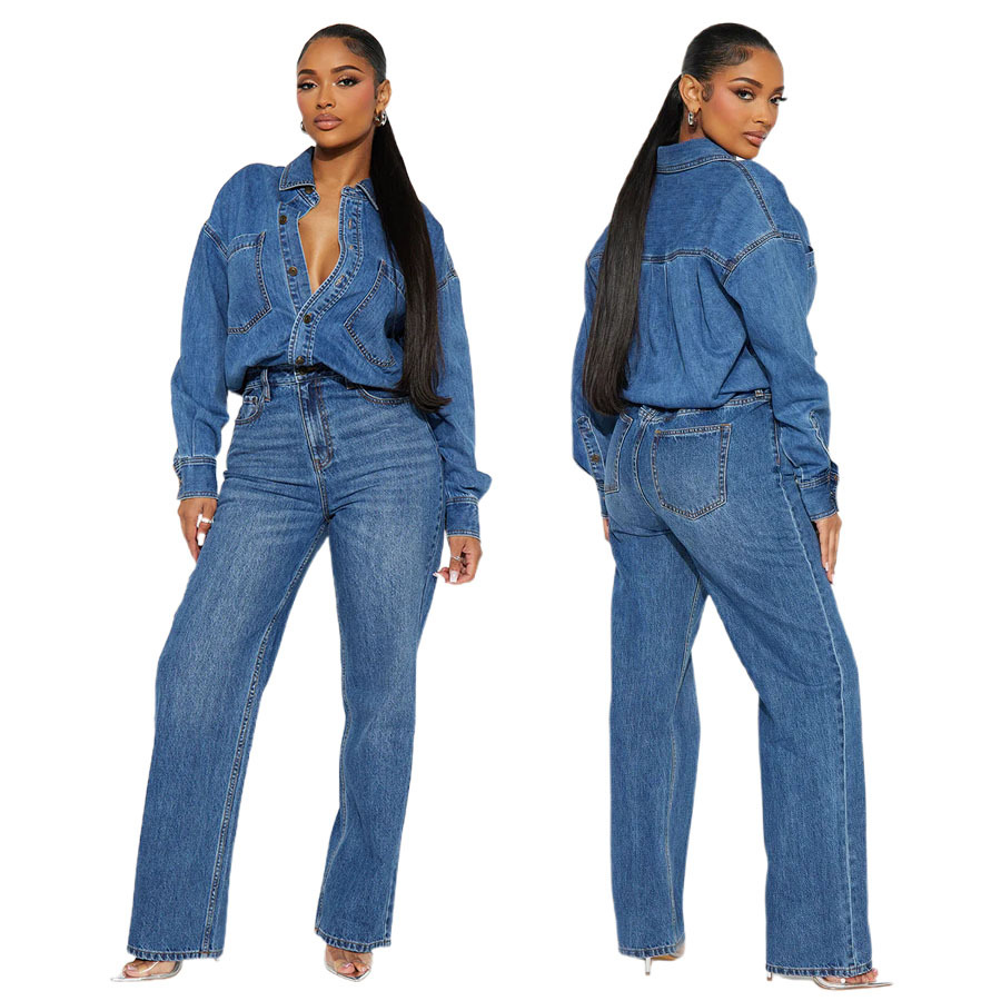 3586 cross-border trade from Europe and America, Amazon, slim-fit, elastic, loose, washable long-sleeved denim jumpsuits and jumpsuits