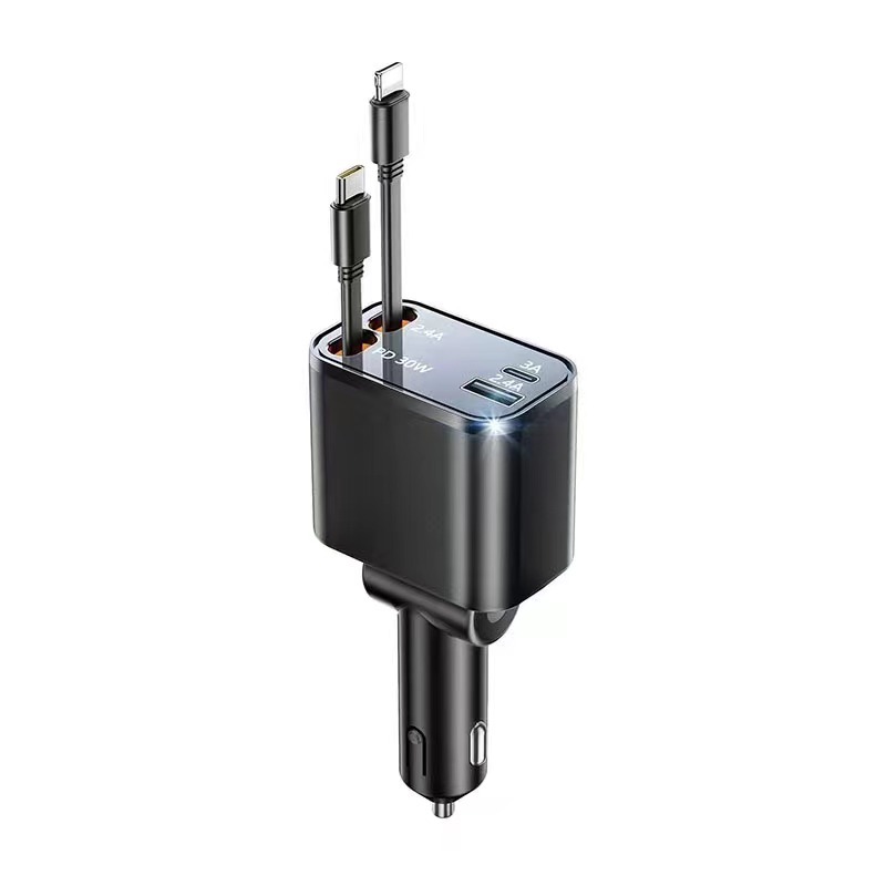 New cross-border car charger, 120W super fast charging retractable cable, 4-in-1 cigarette lighter car charger, factory direct sales.