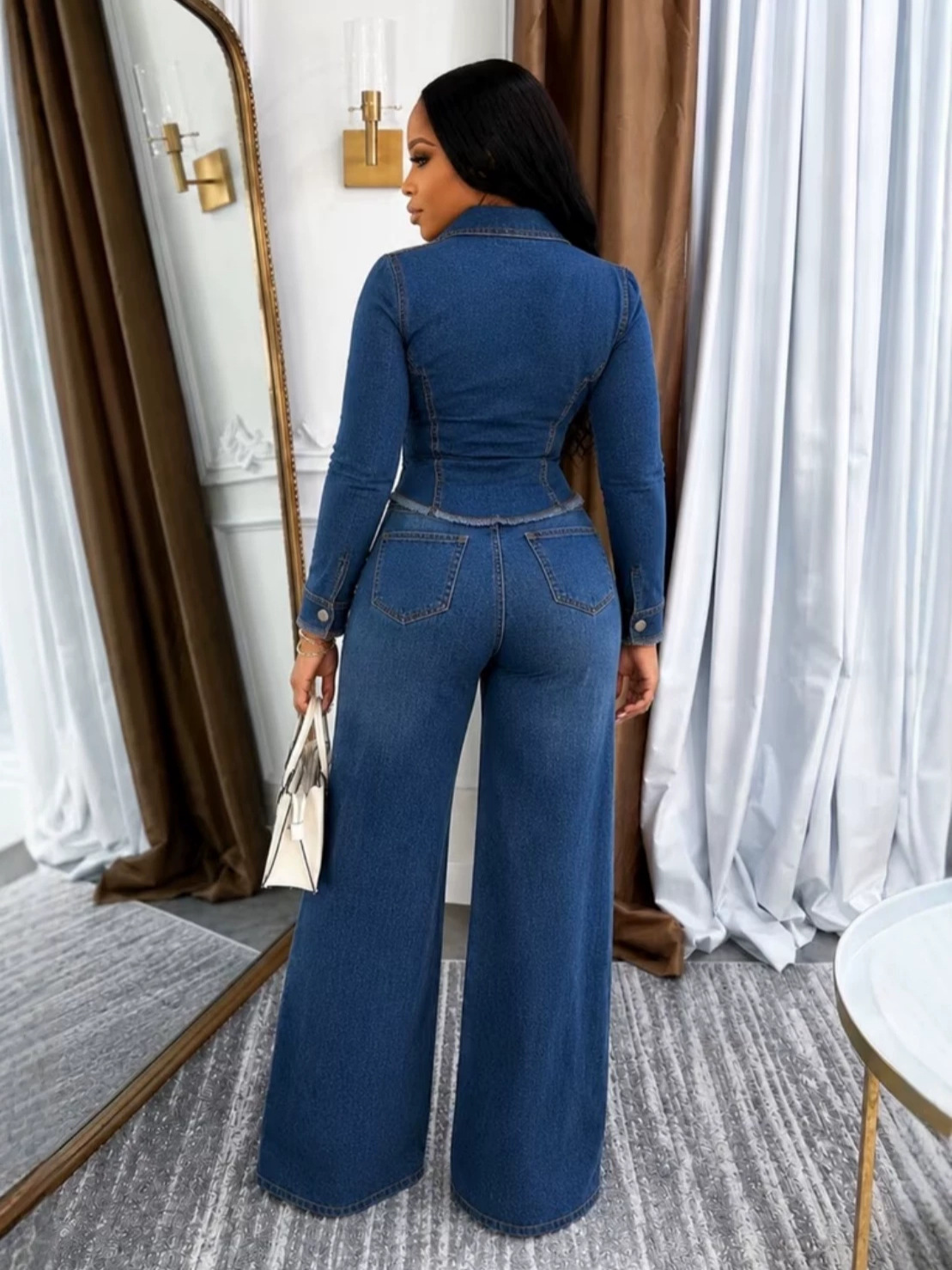 Cross-border fringed hem, cinched waist, two-piece denim set, women's lapel long-sleeved coat, wide-leg flared pants, casual outfit