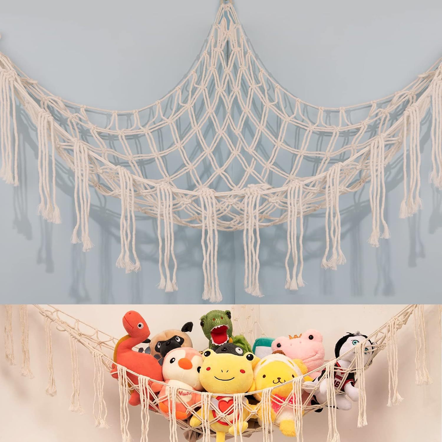 Bohemian-style woven toy storage net bag, triangular toy net bag, bedroom corner storage net.