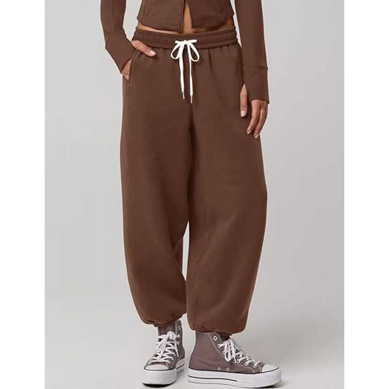 Women's High-Waisted Track Pants - Loose-fitting rolled-up jogging pants with large pockets and adjustable drawstring cuffs
