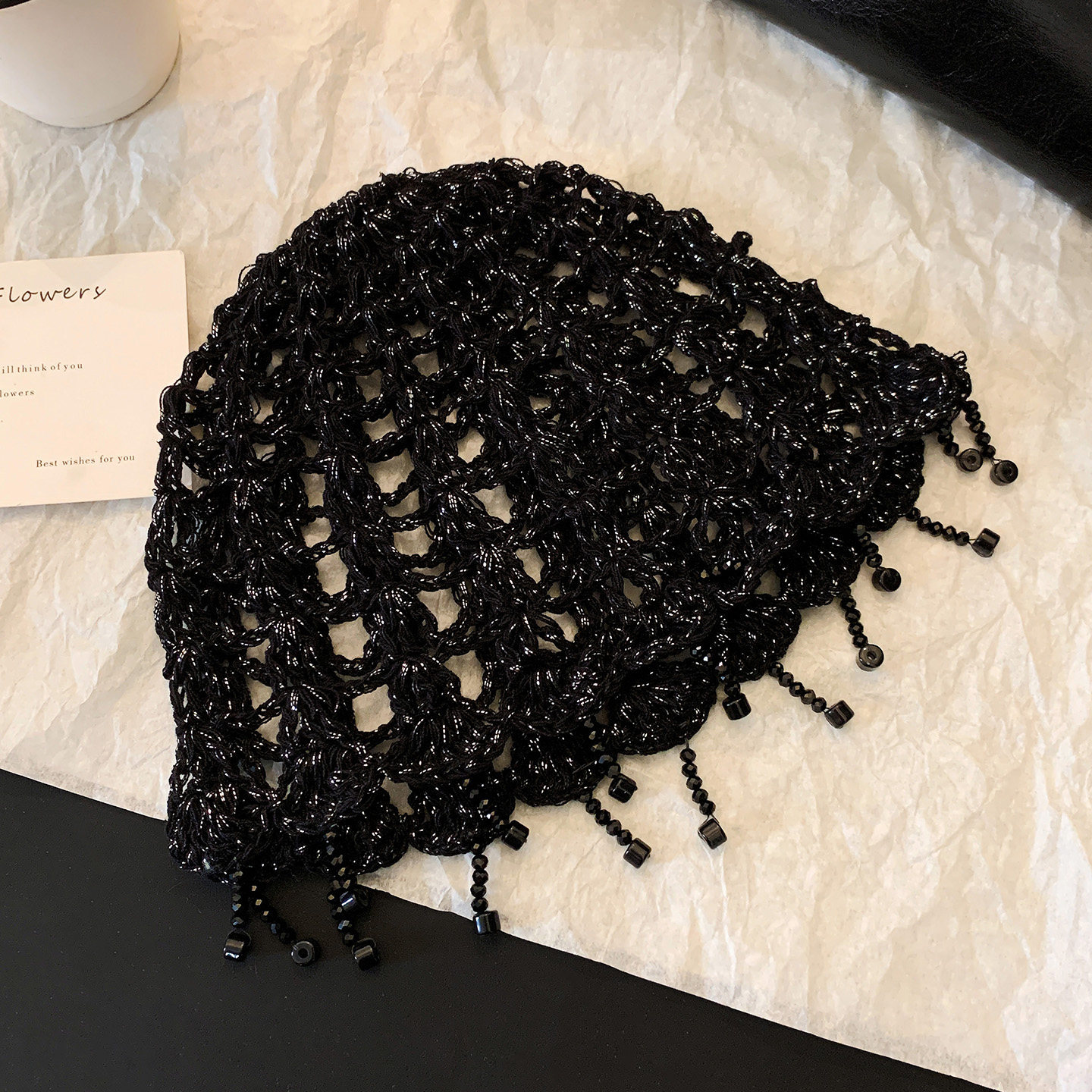 Ethnic style beaded tassel hooded hat for women, breathable and versatile for summer, hollowed-out pullover hat, retro and artistic knitted hat.