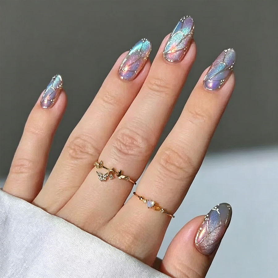 24-piece cross-border almond-shaped wearable nail art, light luxury style, blue multi-color gradient French manicure, dazzling cat-eye butterfly nail art.