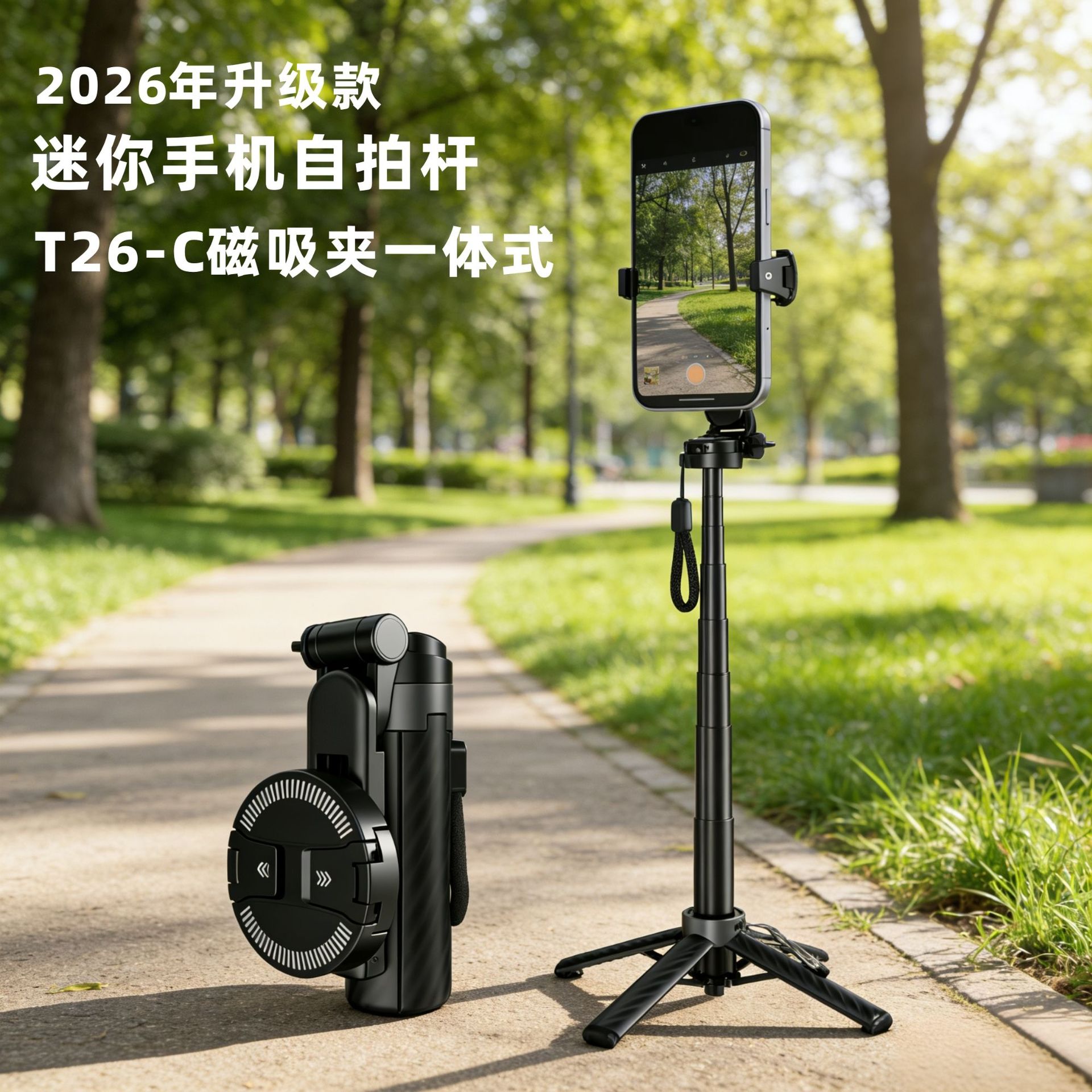 T26C magnetic clip selfie stick mini ultra-short 12cm storage pocket Quick shooting stand 63cm long direct supply from the manufacturer