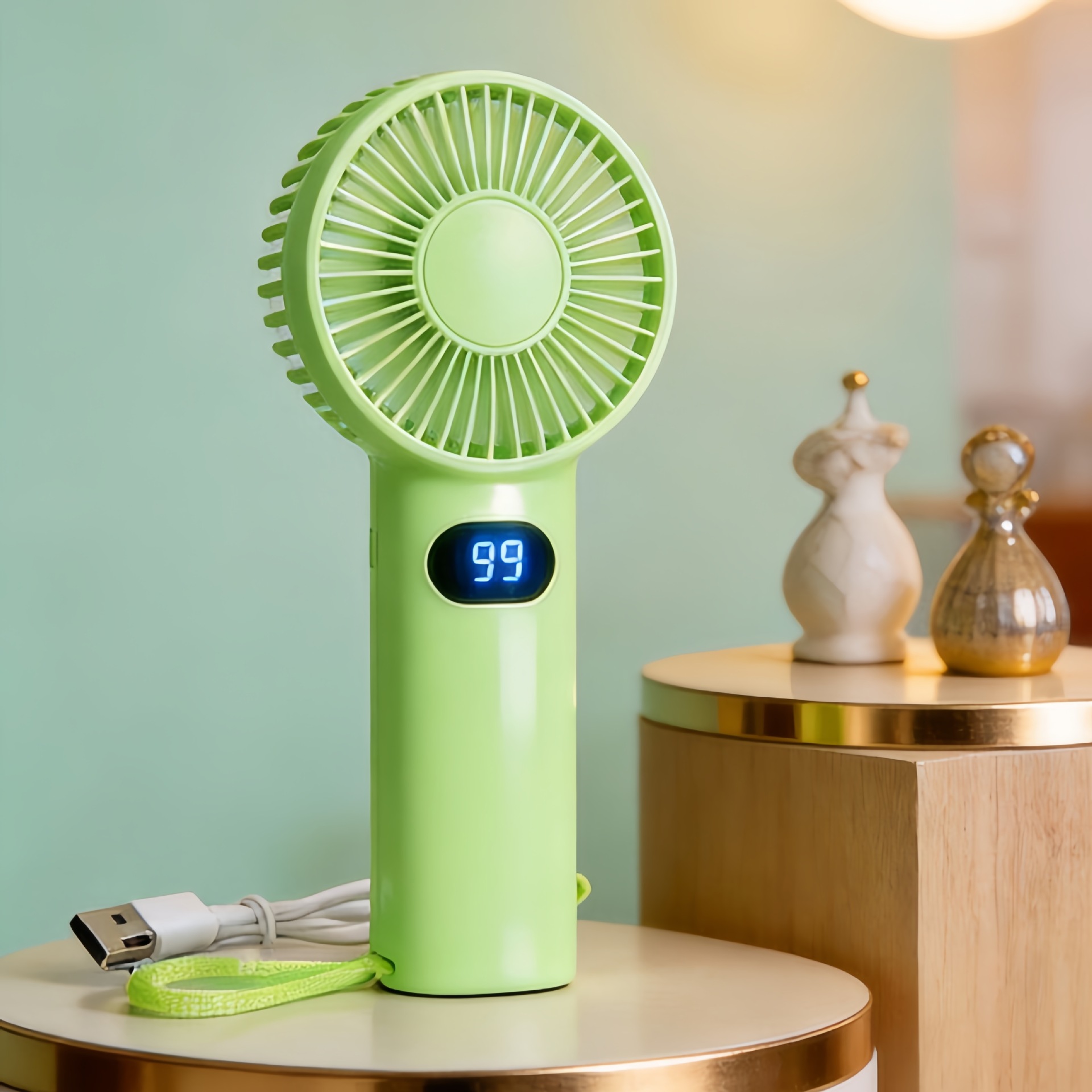 2026 New Solid Color Digital Display Stepless Speed Adjustment Mini Rechargeable Fan, Outdoor Portable Fan with Hanging Rope