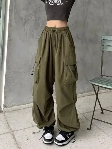 Women's American-style sporty straight-leg, thin, wide-leg, quick-drying cargo pants, summer nylon high-waisted casual parachute style.