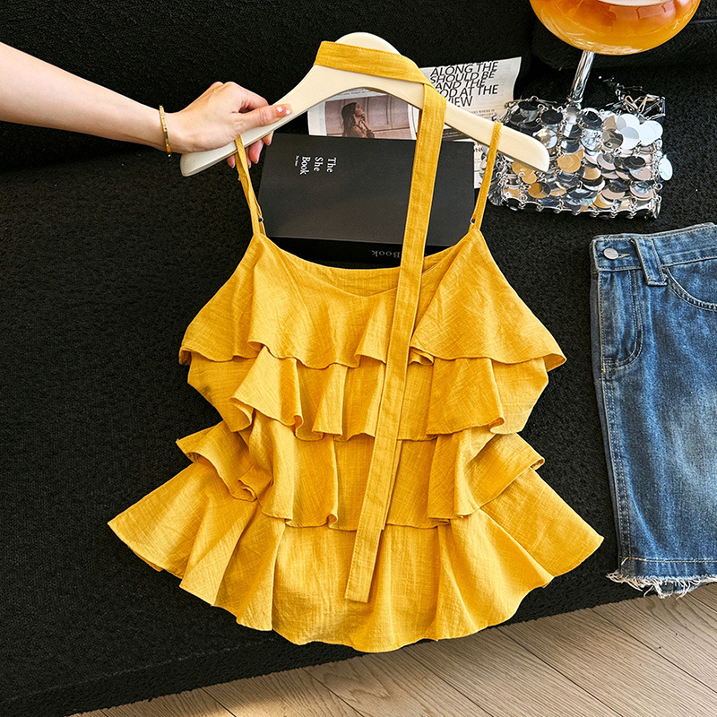 A ruffled neckband multi-layered halter top for summer, stylish, loose and versatile, sweet cotton and linen women's summer