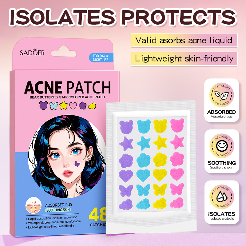 SADOER Bear Butterfly Star Colorful Acne Patches (48 patches) - All English Text - Cross-border Trade Wholesale