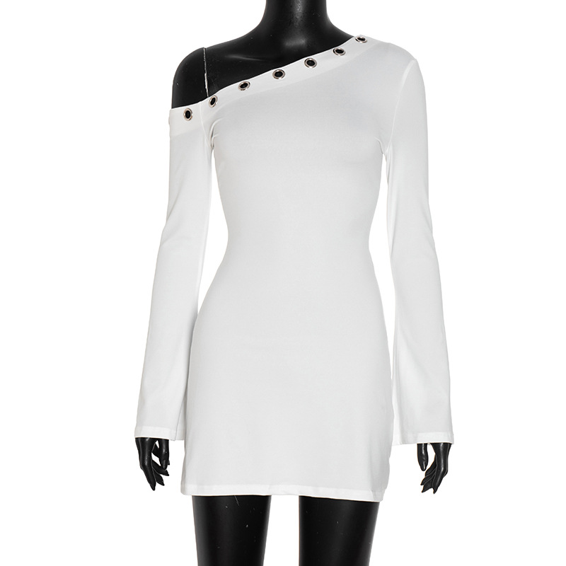 Y25DS323 European and American style women's autumn and winter new solid color slanted neck hollowed-out ring slightly flared long sleeve off-shoulder dress