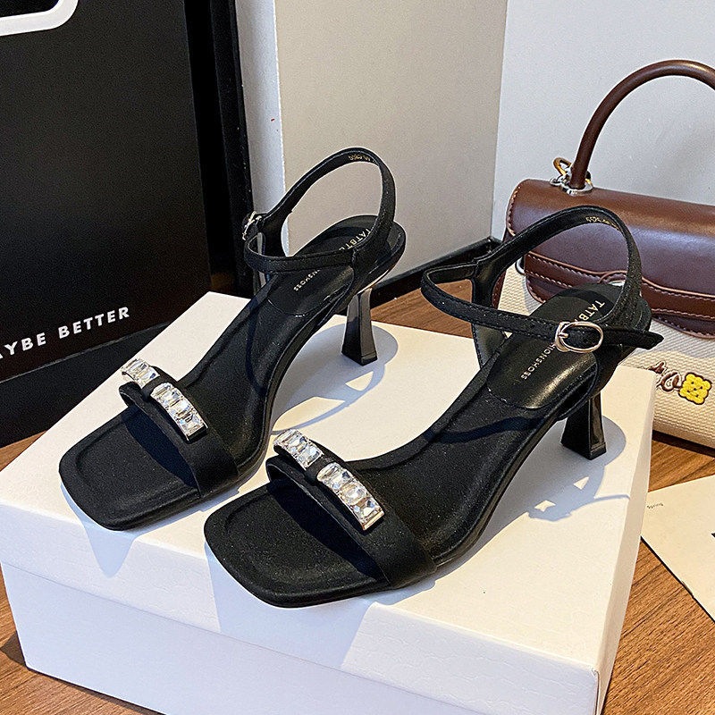 New 2026 Women's High-Heeled Stiletto Open-Toe Rhinestone Sandals, Versatile Square Toe Buckle Strap, Stylish Korean Style, Summer