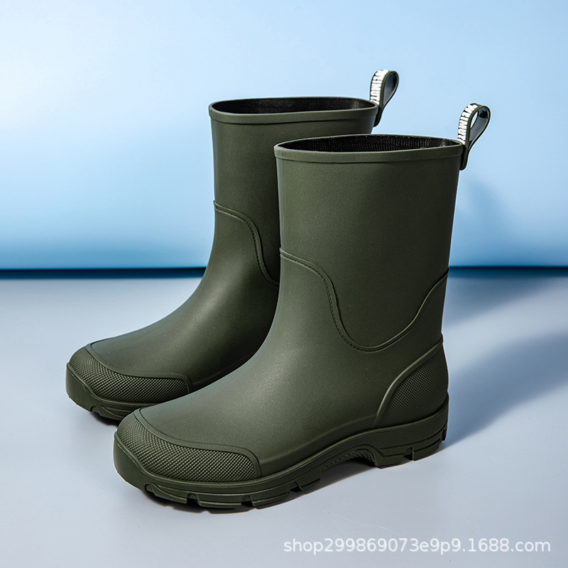 Outerwear mid-calf drawstring couple rain boots, waterproof casual rain boots, lightweight non-slip kitchen rubber shoes, thick-soled work water shoes