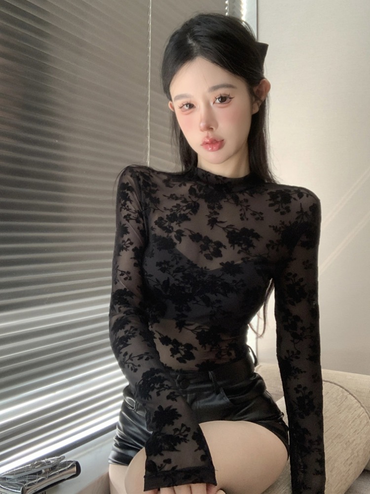 Semi-high-neck sexy spicy girl style slightly translucent one-piece T-shirt for women, spring and autumn velvet mesh fabric slimming stretch long-sleeved top