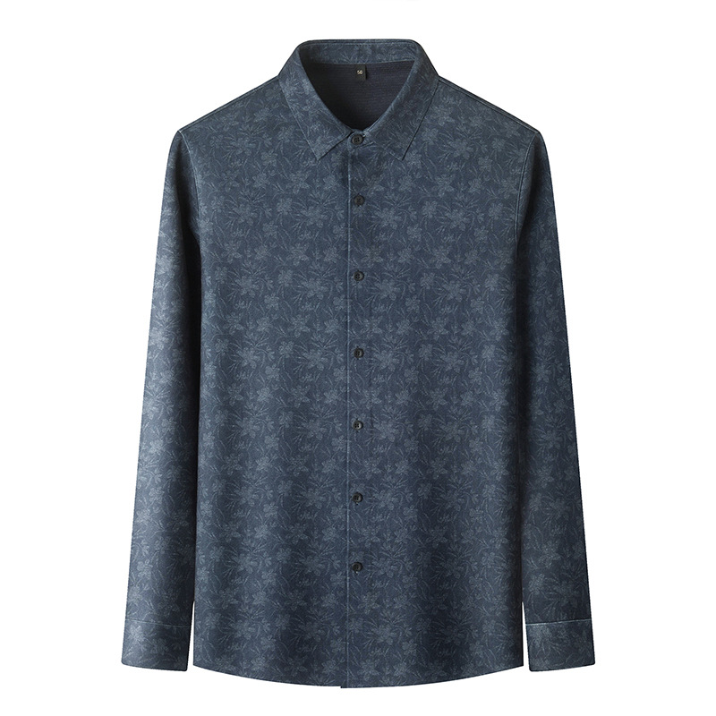 Cashmere + mulberry silk winter fleece men's shirt, middle-aged fashion printed lapel men's shirt, brushed shirt