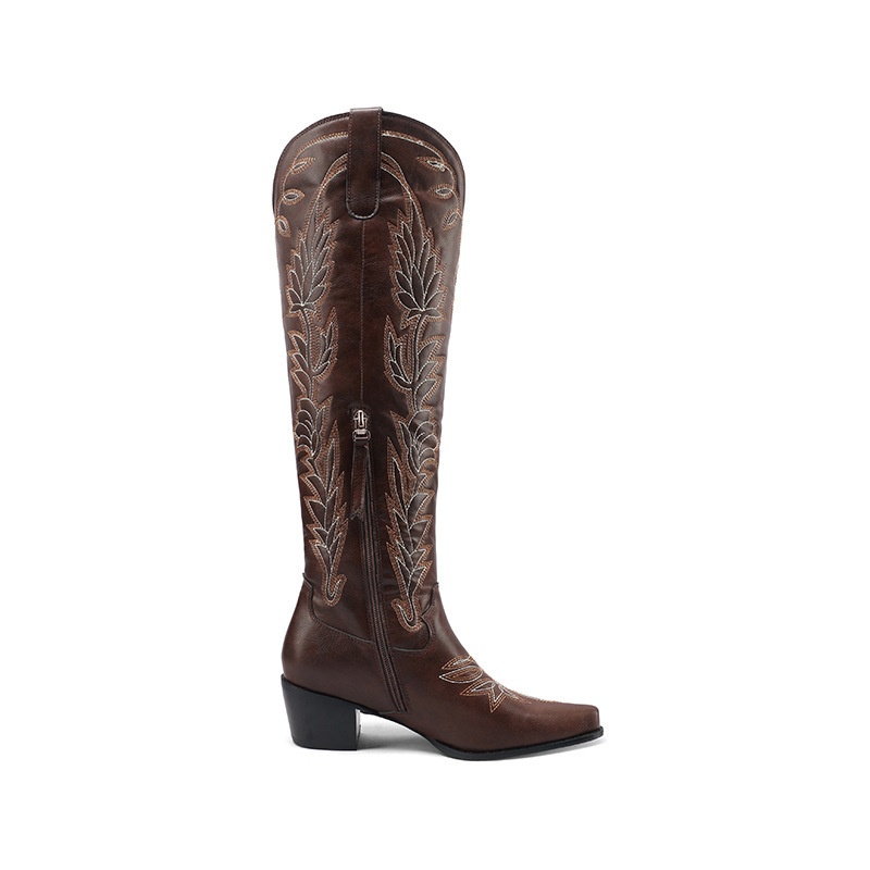 Aliexpress Cross-border 2026 Foreign Trade New Style small square toe side zipper long boots Embroidered Western boots Cowboy boots