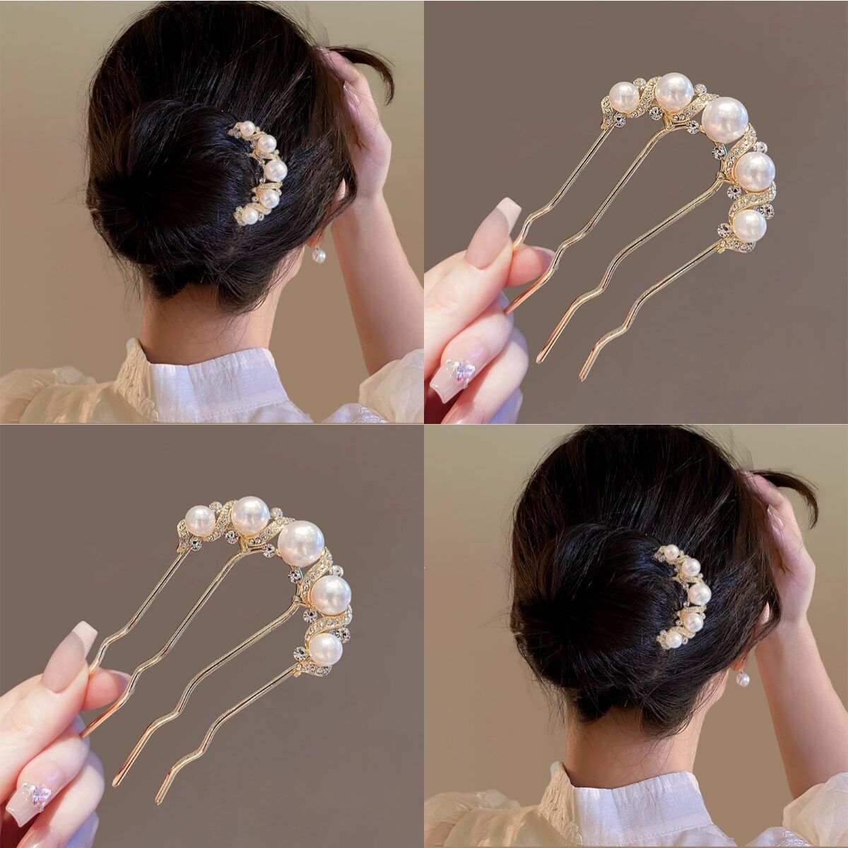 U-shaped gold pearl rhinestone wavy hair comb, elegant four-tooth bun, new Chinese style updo hairpin.
