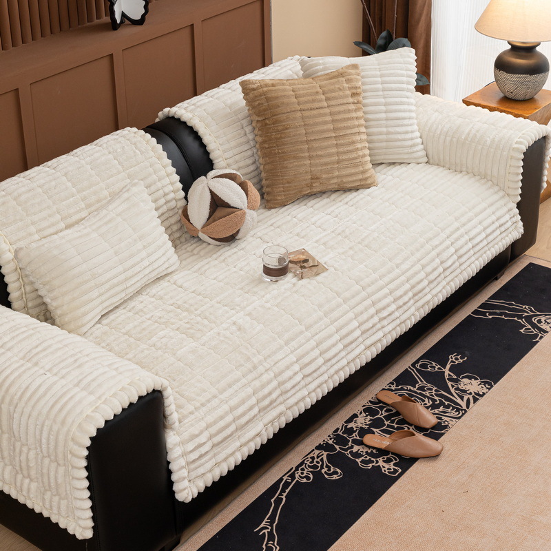 2025 New Winter Plush Sofa Cushion, Fixed, Non-slip, Light Luxury, High-end, Simple and Modern Genuine Leather Straight-Line Cover