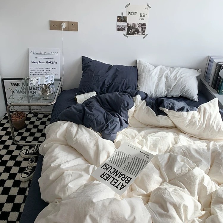 INS Premium Bedding Set: Pure Skin-Friendly Cotton Four-Piece Set (Class A Washed Cotton) - Sheet, Fitted Sheet, Duvet Cover, Dormitory Three-Piece Set