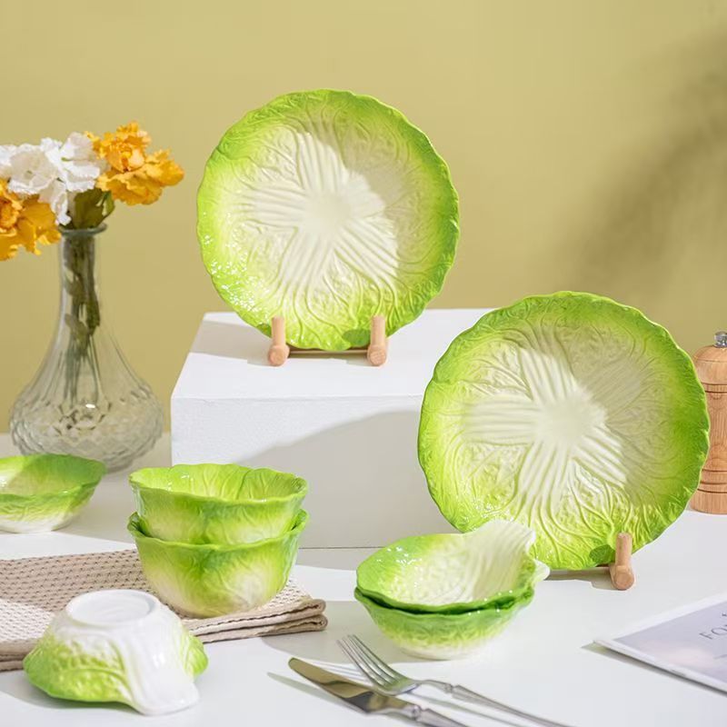 Cabbage-shaped plate set, household use, 2025 ceramic plate, underglaze colored single rice bowl, creative deep plate tableware set.