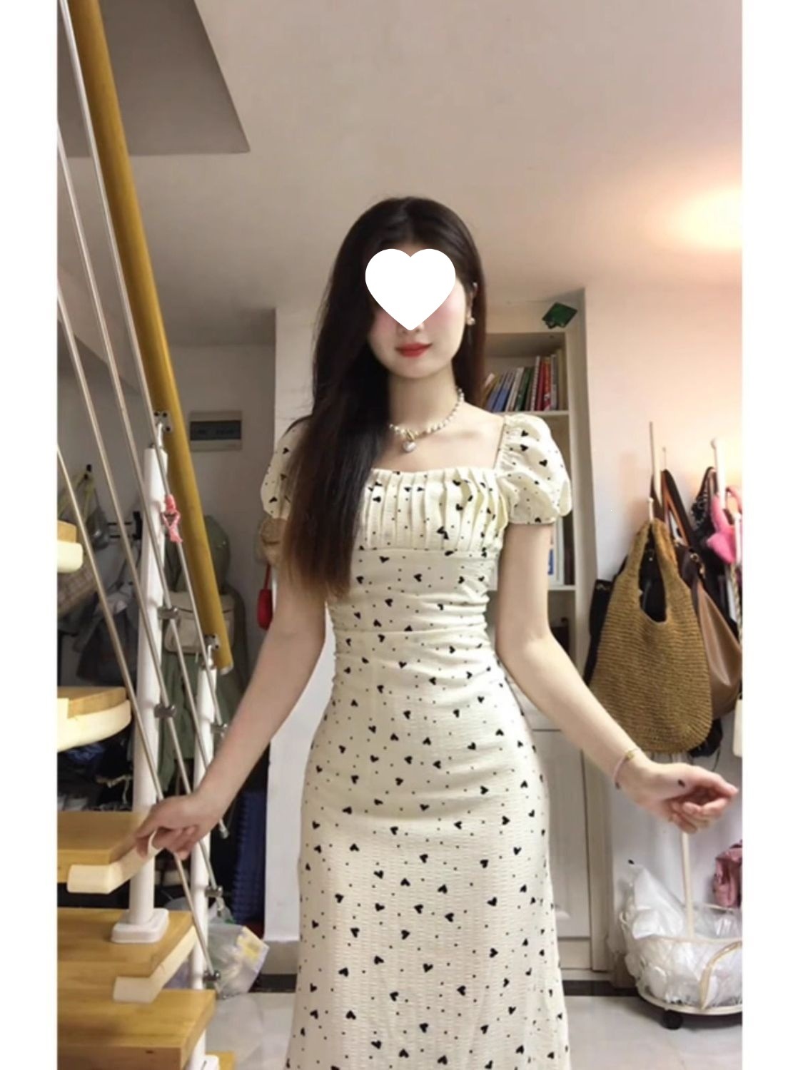 French-style square neckline puff sleeve dress, women's 2026 summer new style, gentle and elegant tea dress, waist-cinching and slimming long dress.