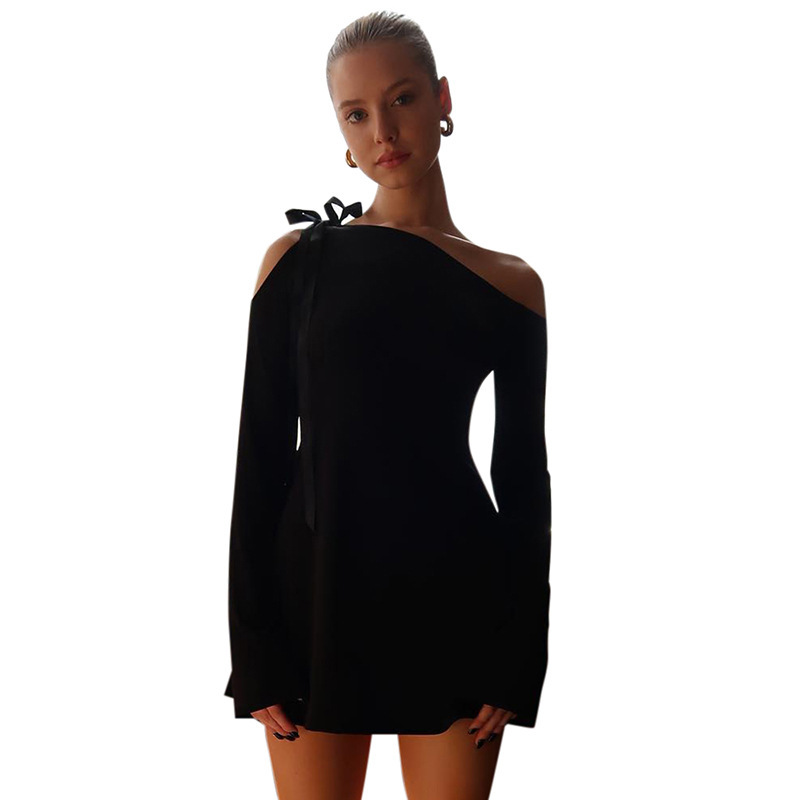 Y23DS389 European and American style women's autumn new style one-shoulder tie-neck long-sleeved ruffle bodycon dress