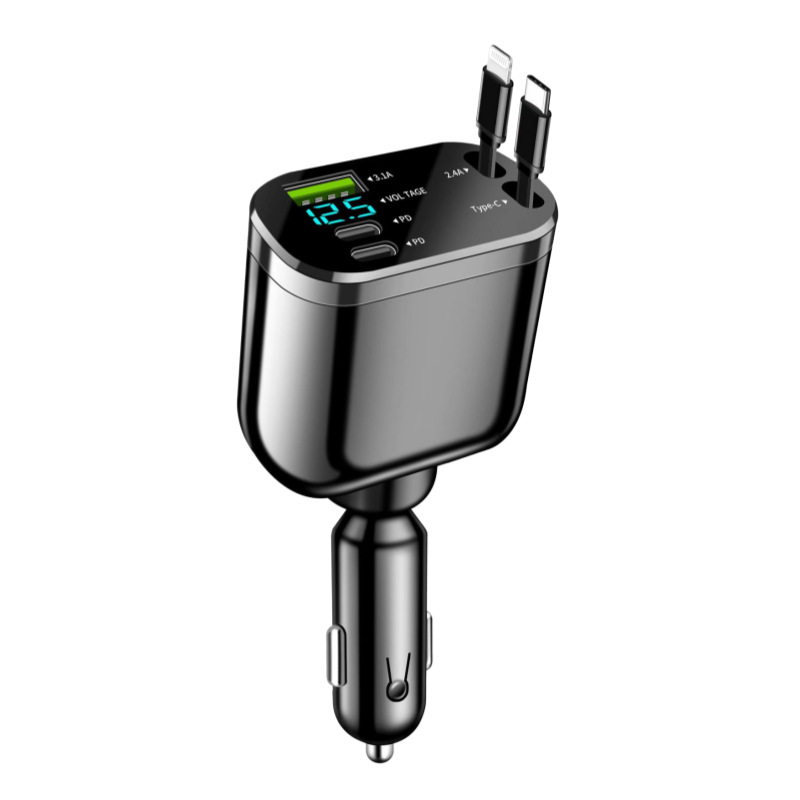 The car charger is super fast charging with a built-in retractable cable, capable of supporting four cigarette lighters and converters. It is compatible with both Apple and Huawei devices