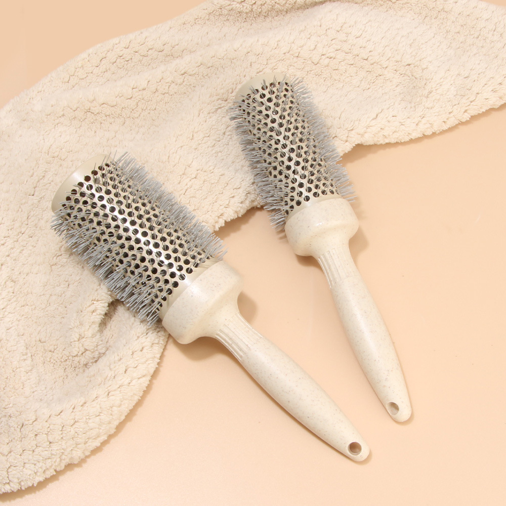 Cross-border wheat straw ceramic aluminum tube comb, high temperature resistant round barrel comb, straightening and curly hair styling comb, nylon tooth detangling comb