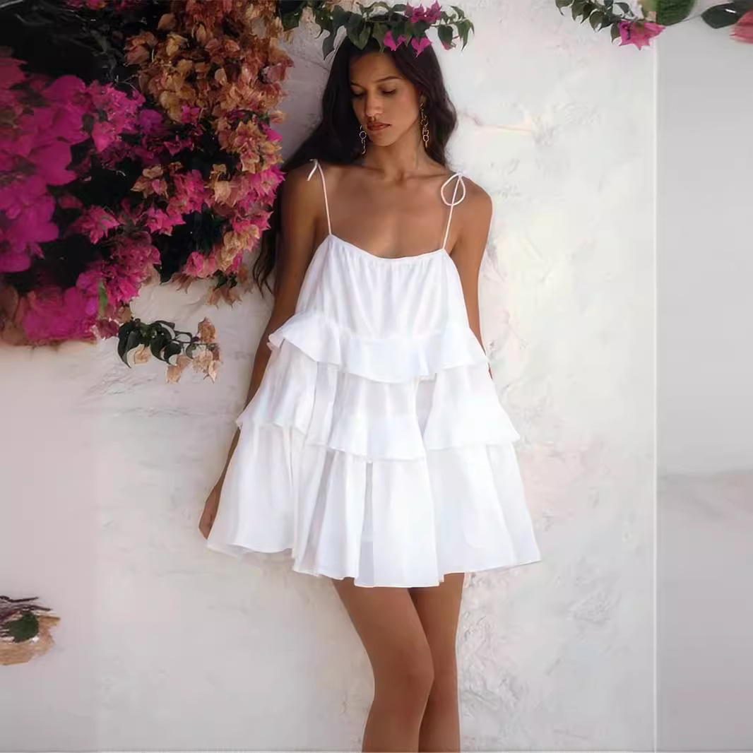 Cross-border suspender dress, European and American style, summer 2024, multi-layered coat, ruffled cake style, short backless