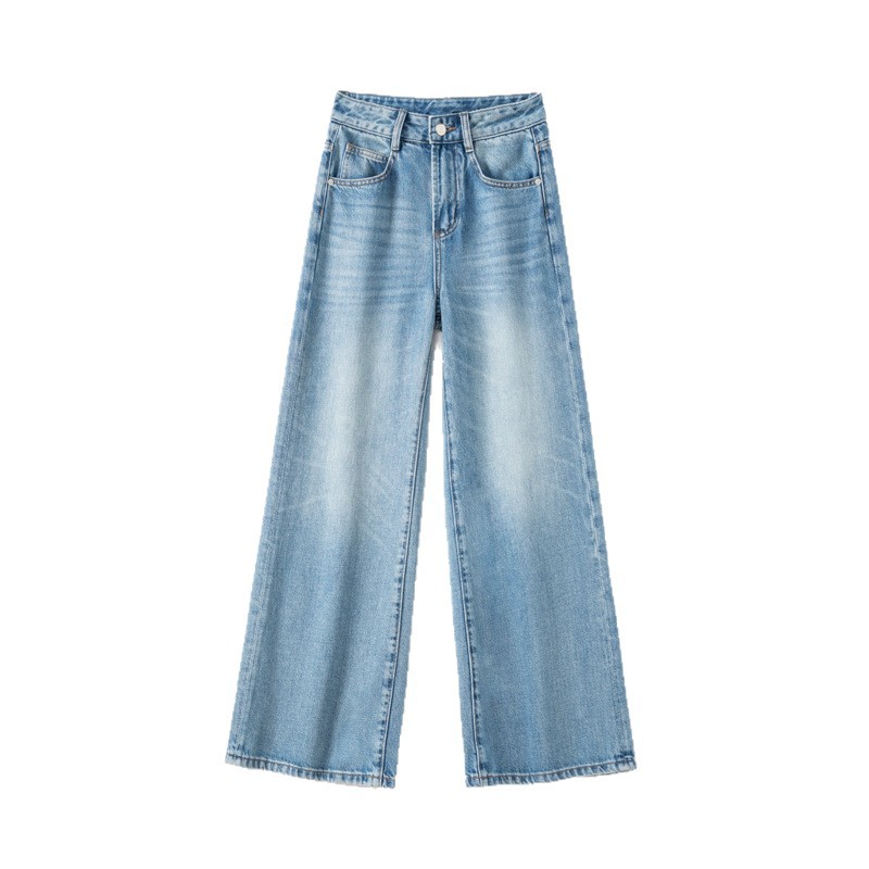 Soft and delicate light blue sky silk + cotton wide-leg jeans for women, high-waisted loose and slimming, with a drape and no elasticity, large-leg pants