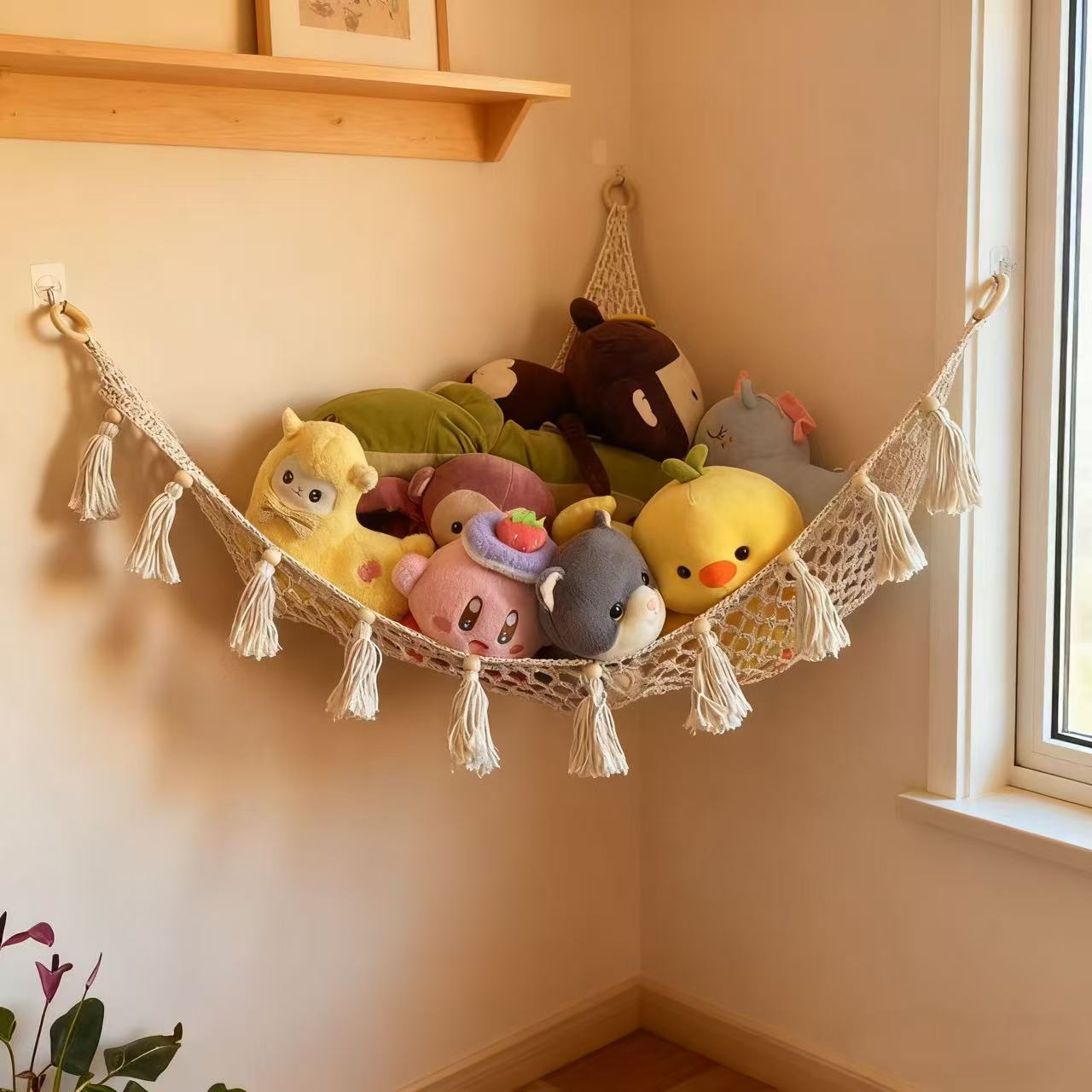 Cross-border wholesale triangular toy mesh bags, handmade woven cotton rope, bedroom children's room corner toy storage nets, hammocks